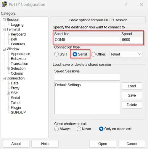 PuTTY serial port connection